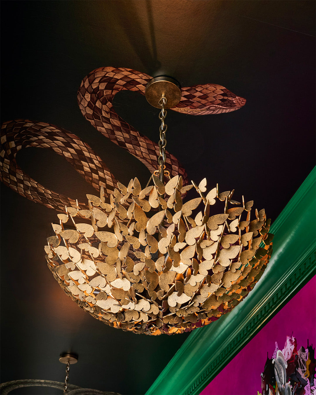 Hand-formed Butterfly Dish Lights against saturated walls at Kips Bay Dallas