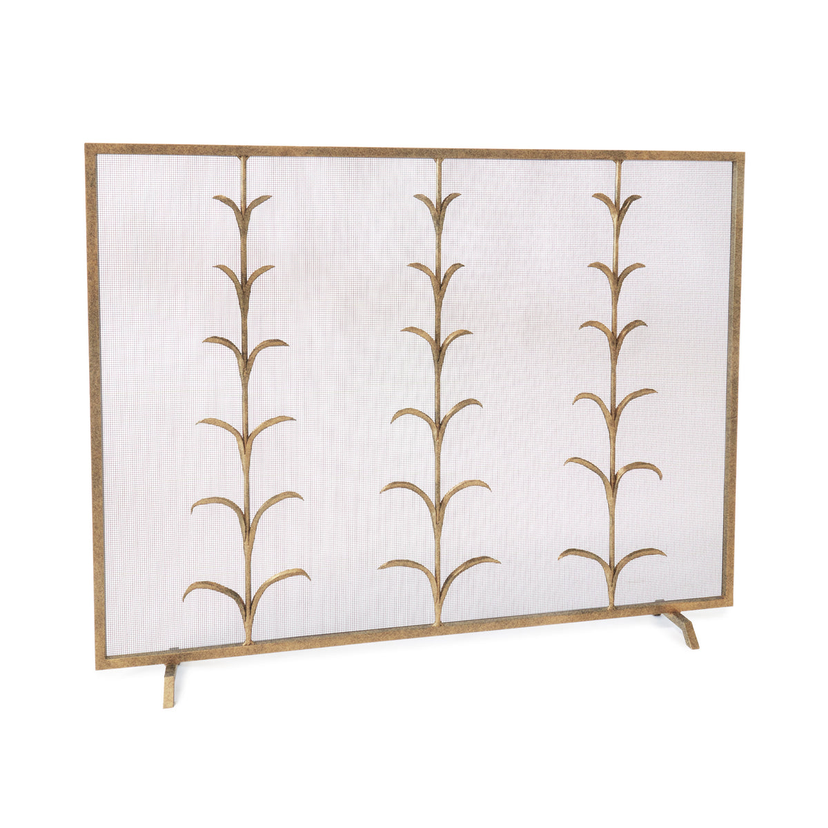 A gold-colored metal fireplace screen featuring a botanical design with lily stems.
