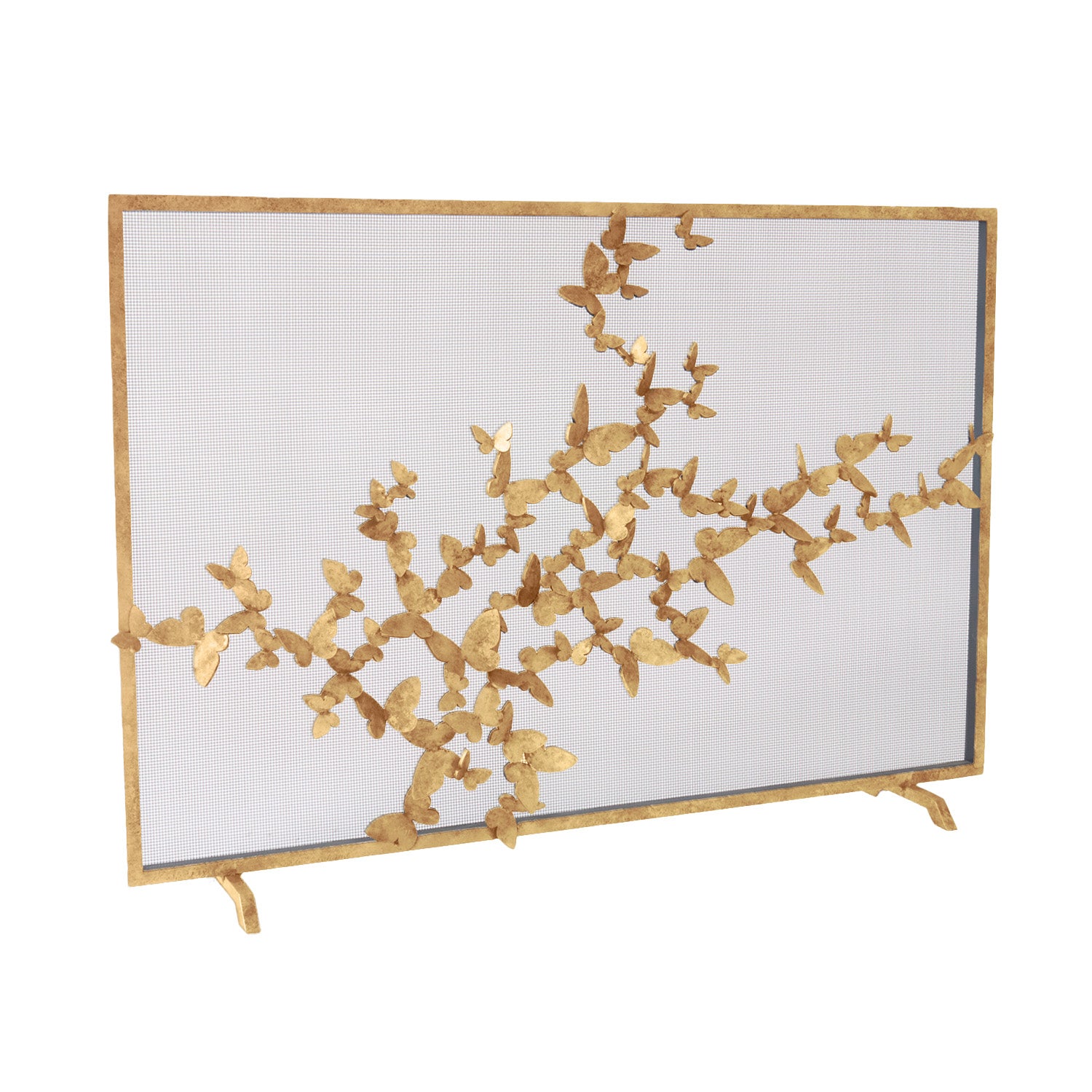 Decorative fireplace screen with gold butterfly design on a white background
