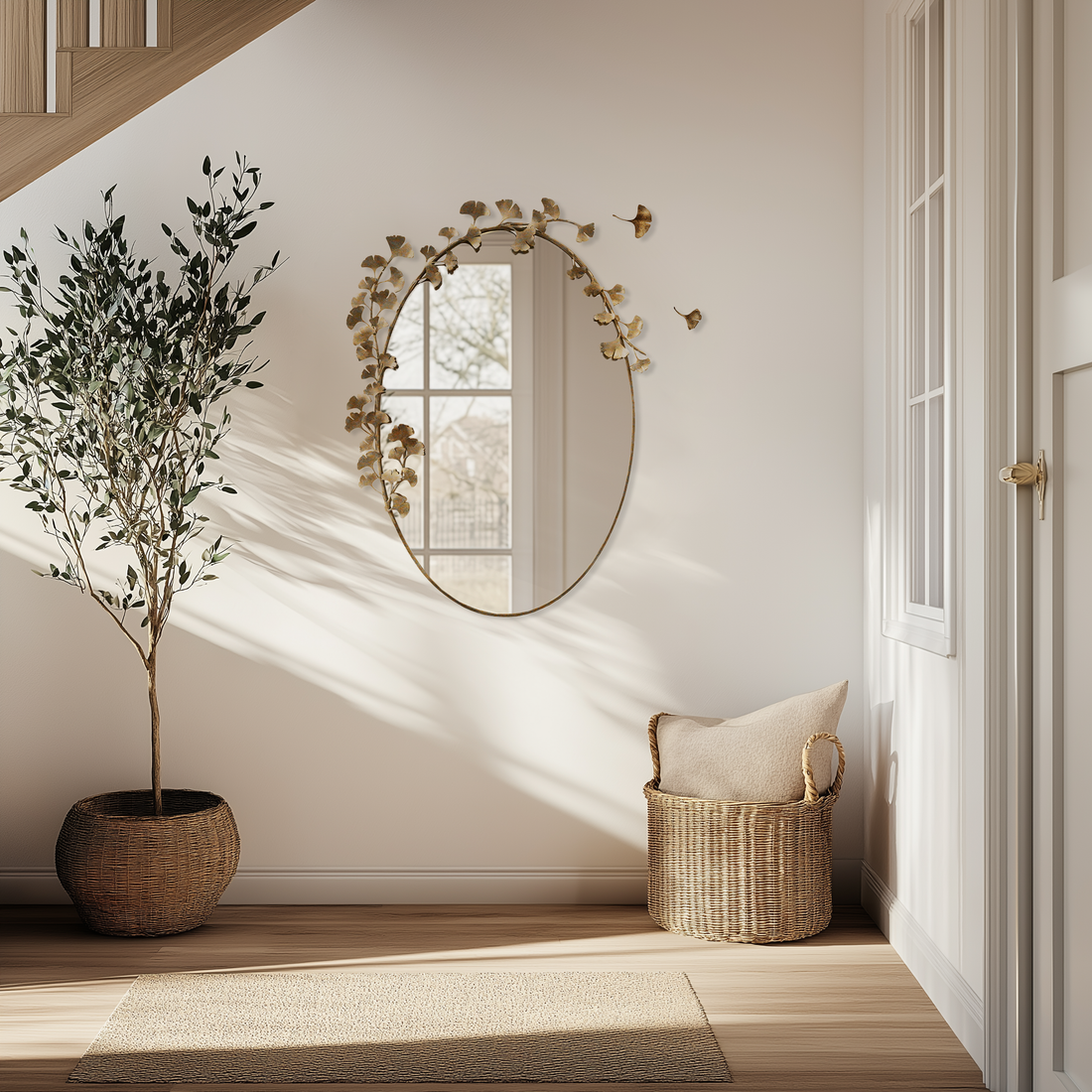 Luxury ginkgo mirror with gold leaf accents on a white wall, next to a potted plant and woven basket, creating a serene entryway setting.
