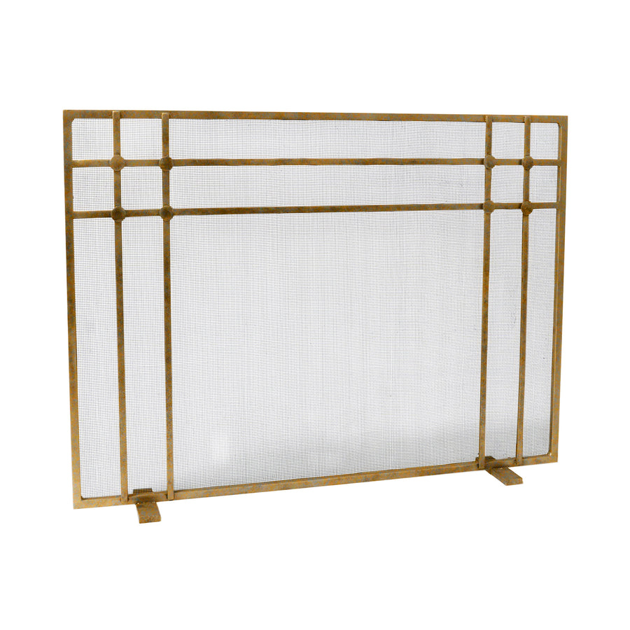 Gold geometric fireplace screen with hammered circle details showcasing its handcrafted metal design.