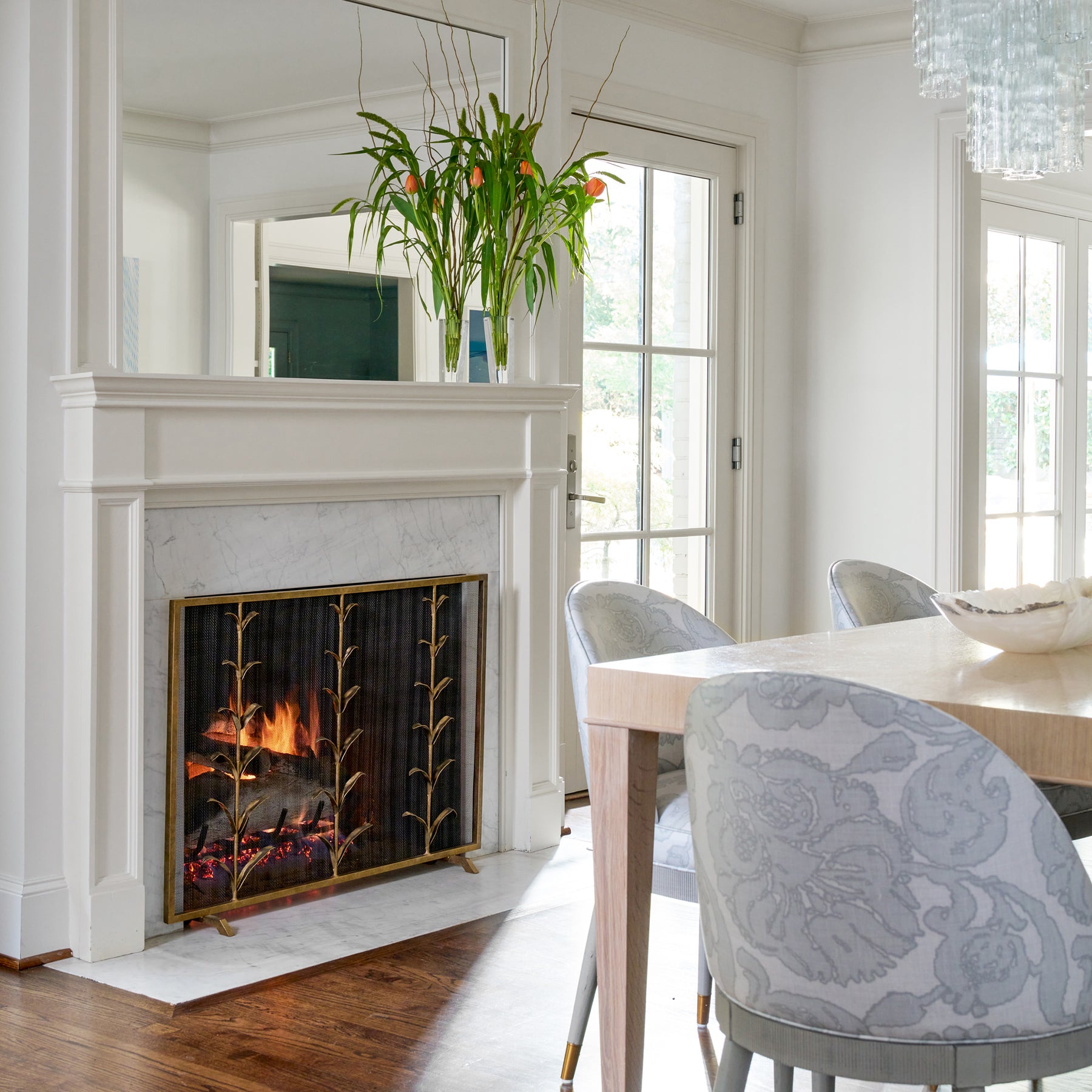 Lily Stems Fireplace Screen in a finished dining room