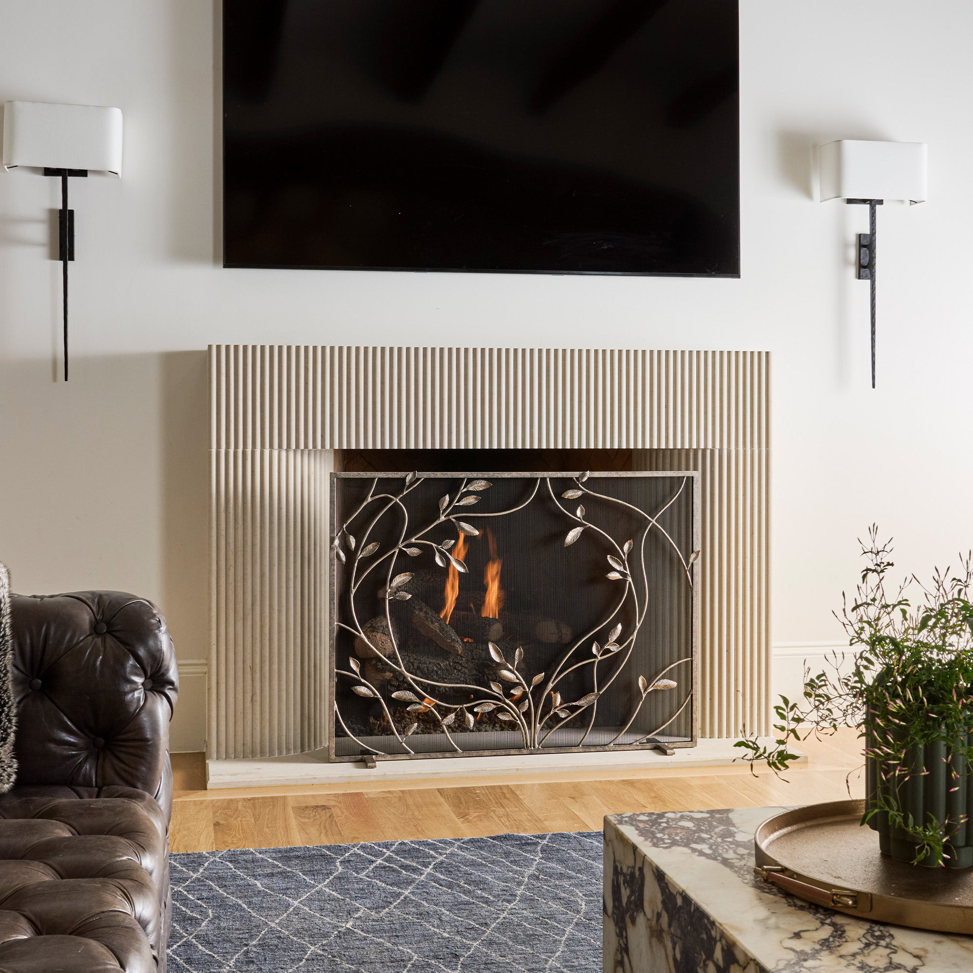 Swirling Jasmine Fireplace Screen in Aged Silver