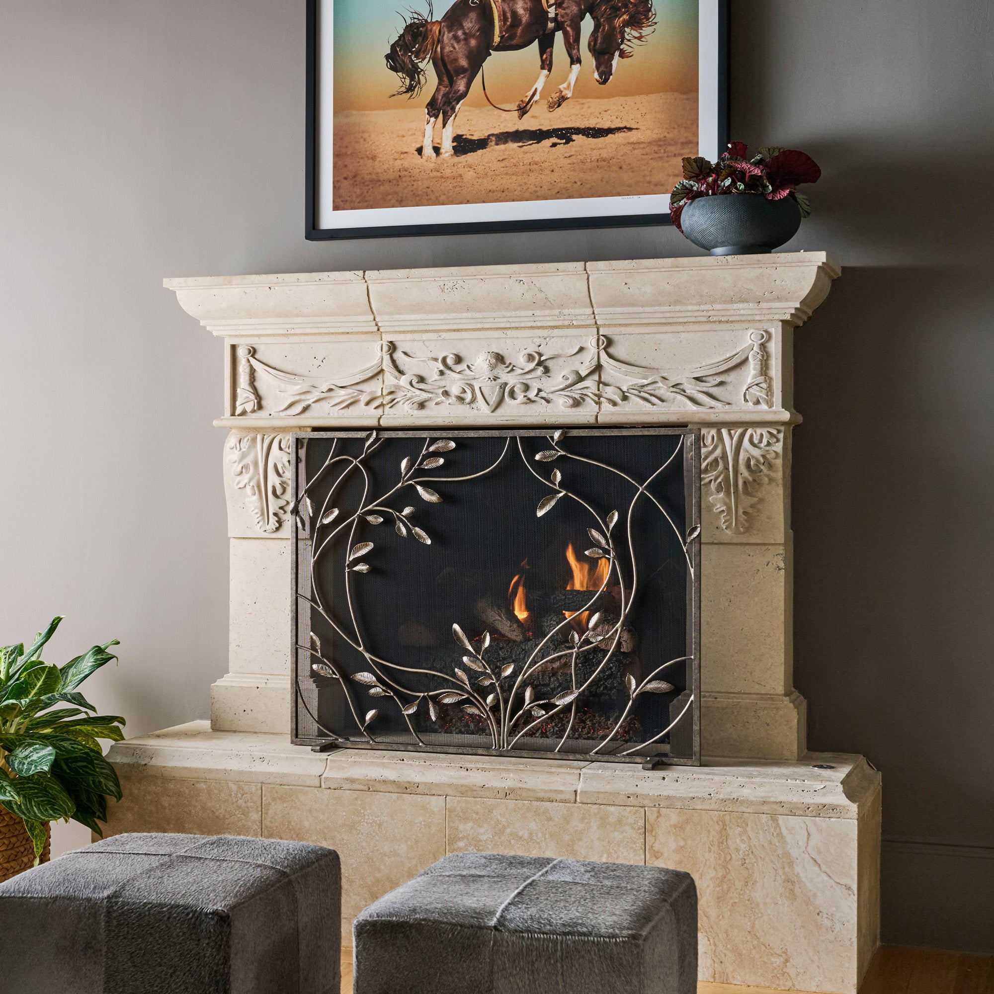 Swirling Jasmine Fireplace Screen in Aged Silver