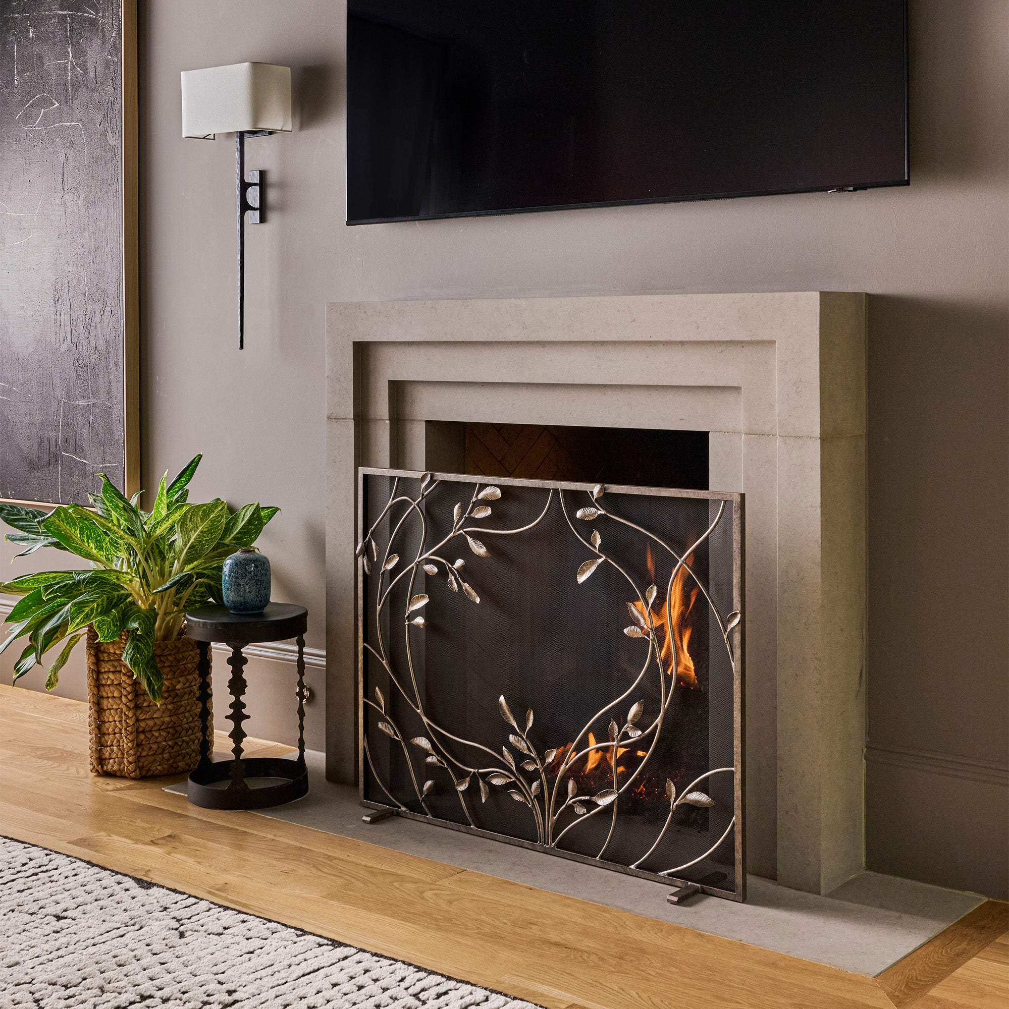 Swirling Jasmine Fireplace Screen in Aged Silver