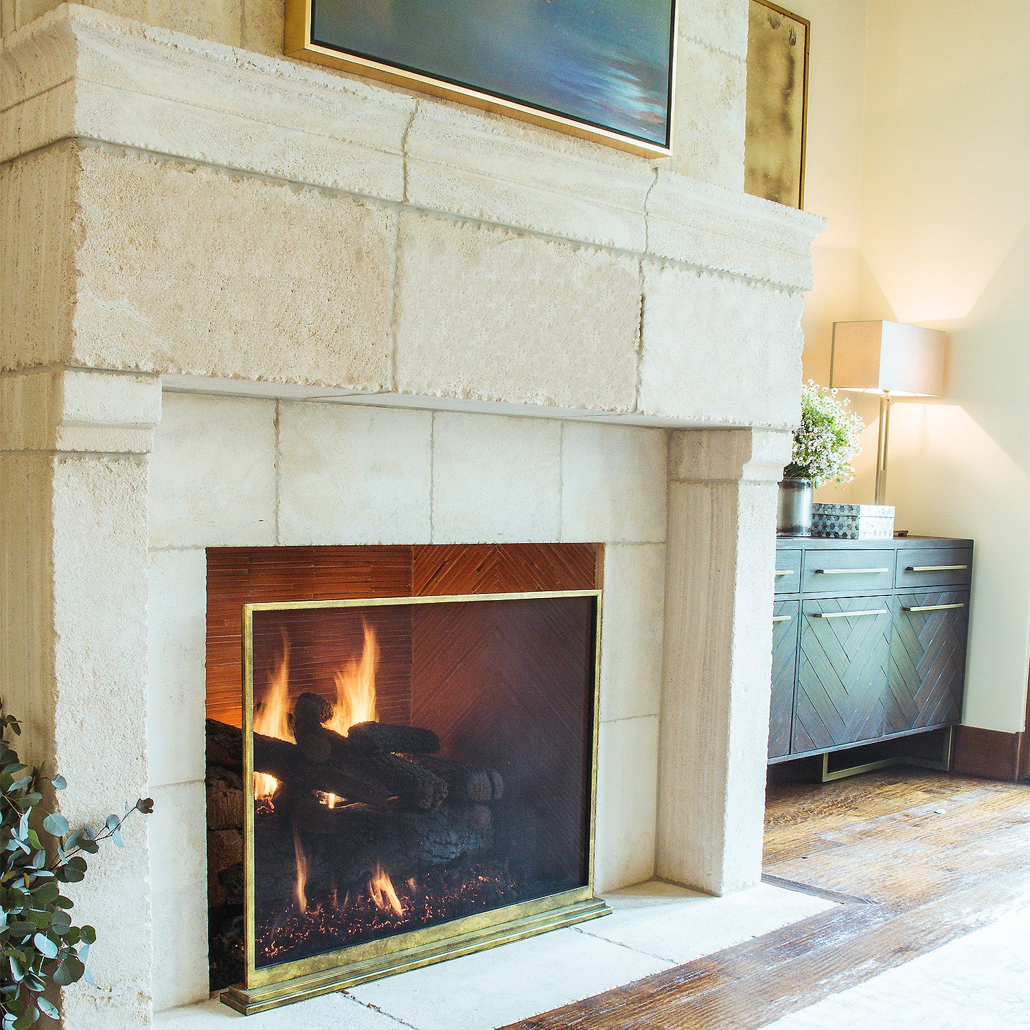 August Fireplace Screen in front of marbled mantel 