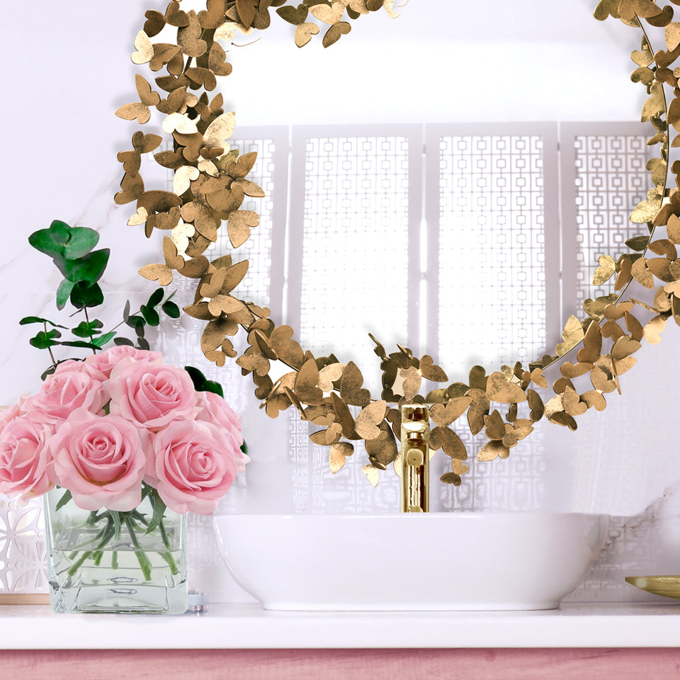 Butterfly Mirror lifestyle image with pink roses and porcelain sink