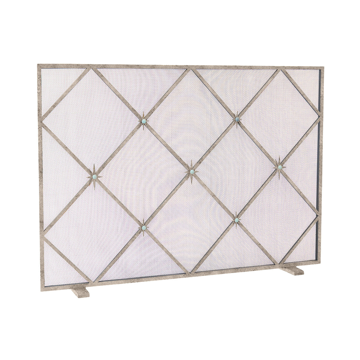 Celeste fireplace screen in aged silver featuring hand-forged stars, ceramic accents, and artisan metalwork.