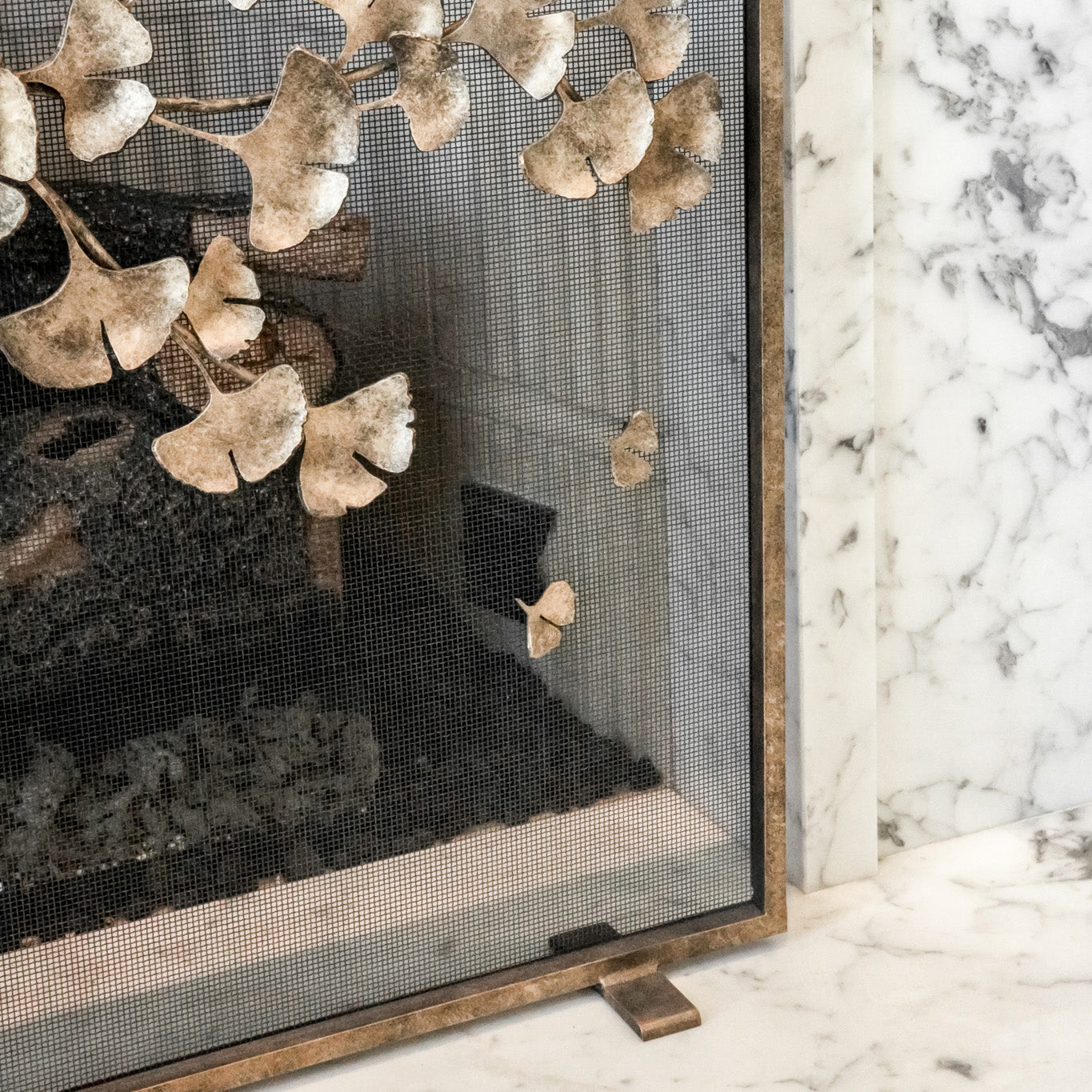 Ginkgo Fireplace Screen in Aged Gold