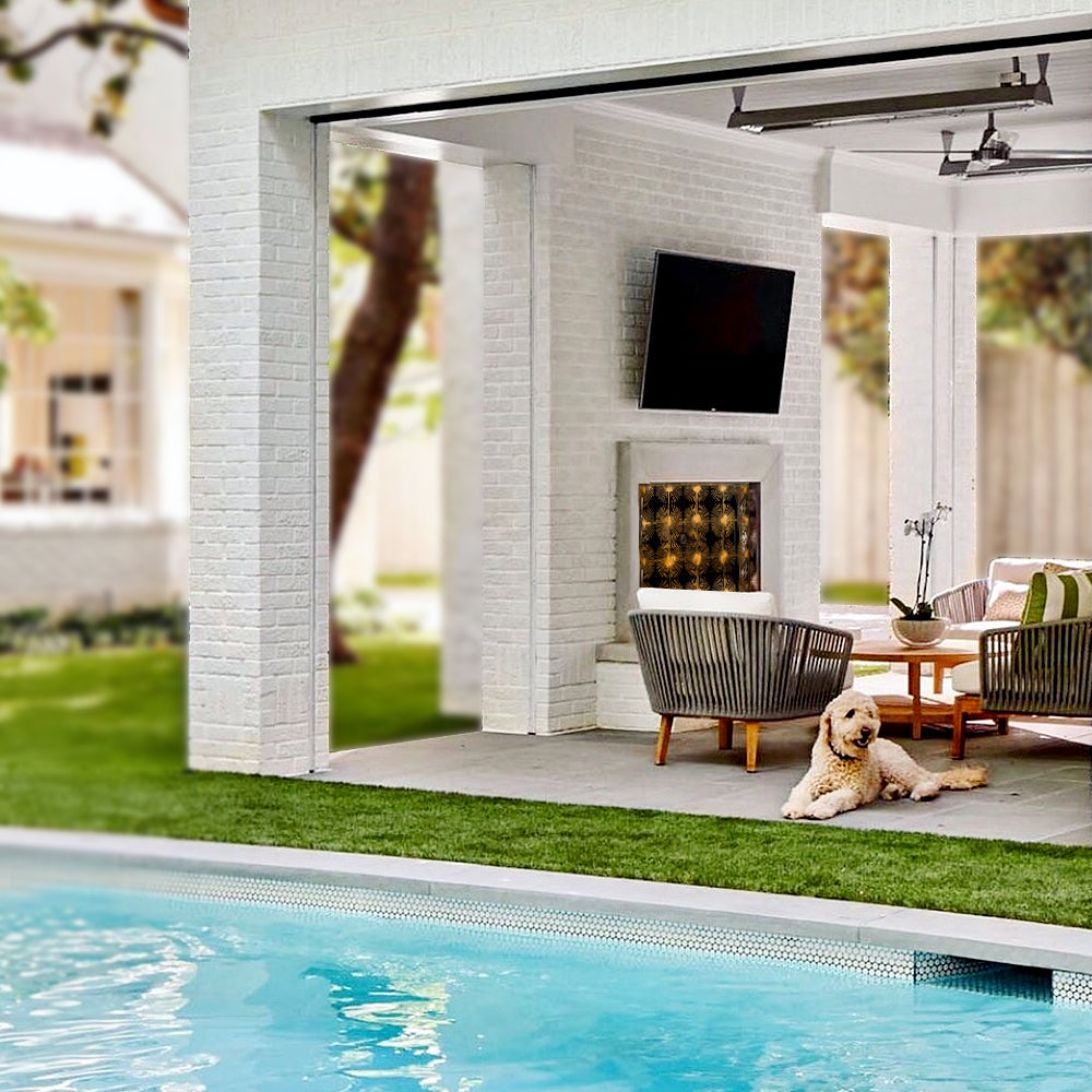 Halo Fireplace Screen outdoor image with swimming pool and patio view