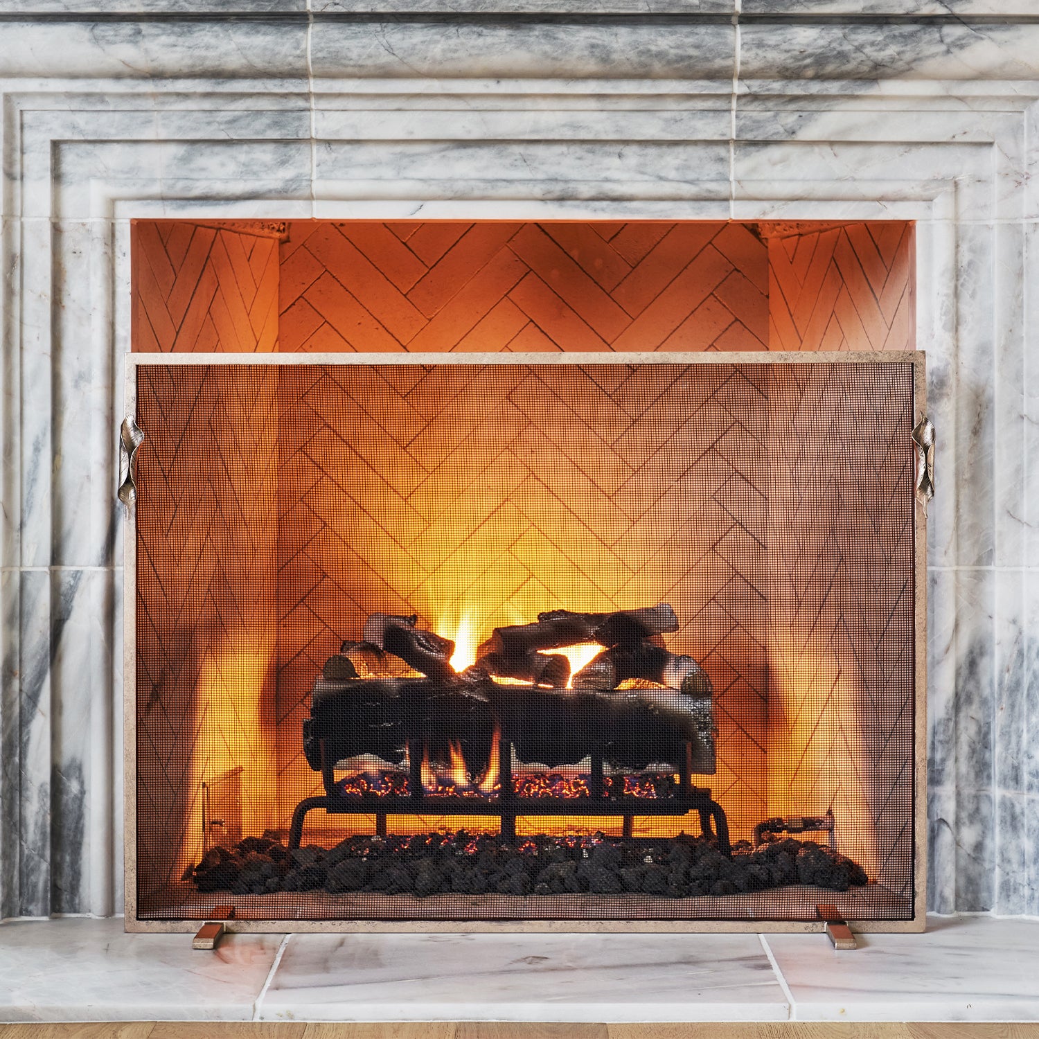 Leaf Handles Fireplace Screen in Warm Silver