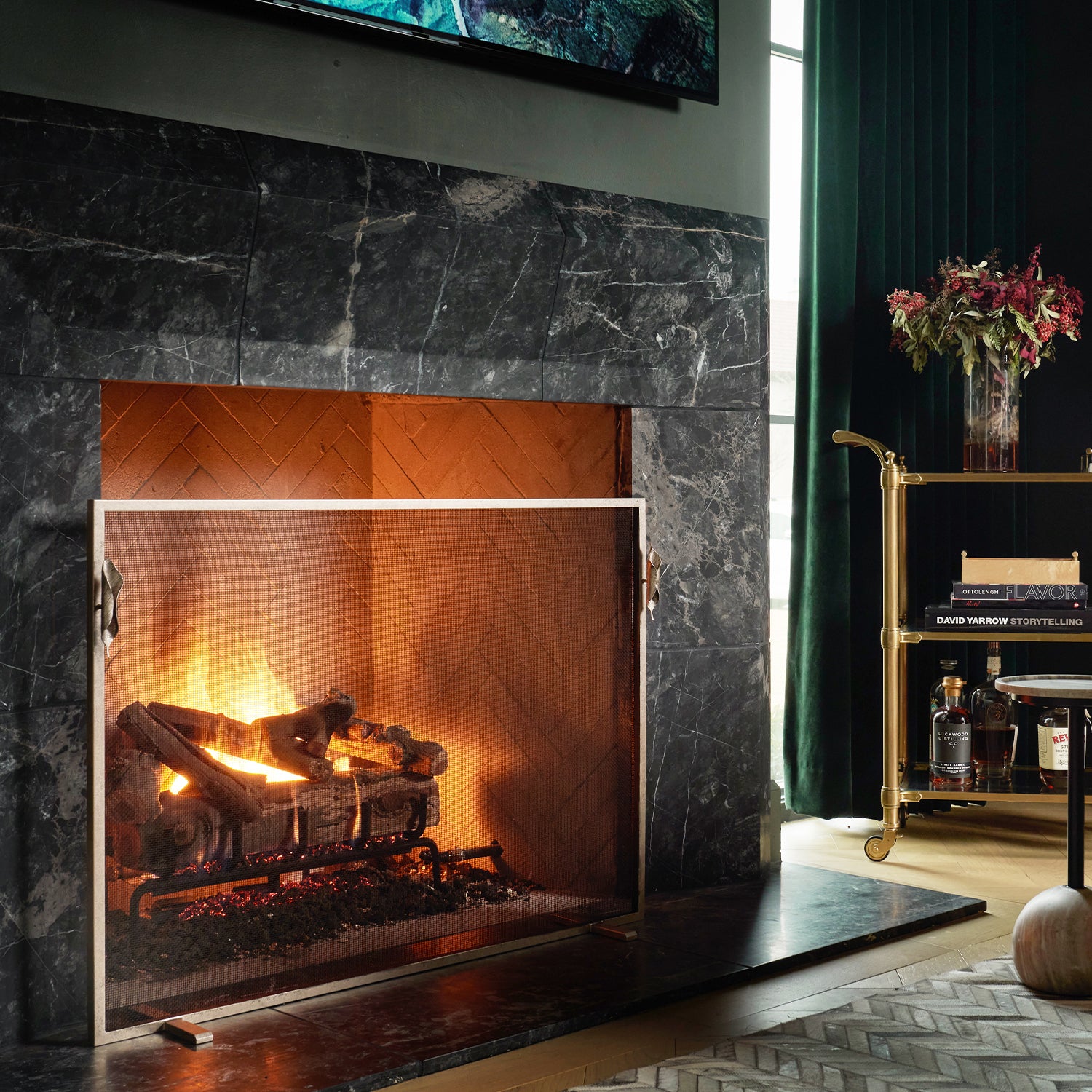 Leaf Handles Fireplace Screen in Warm Silver
