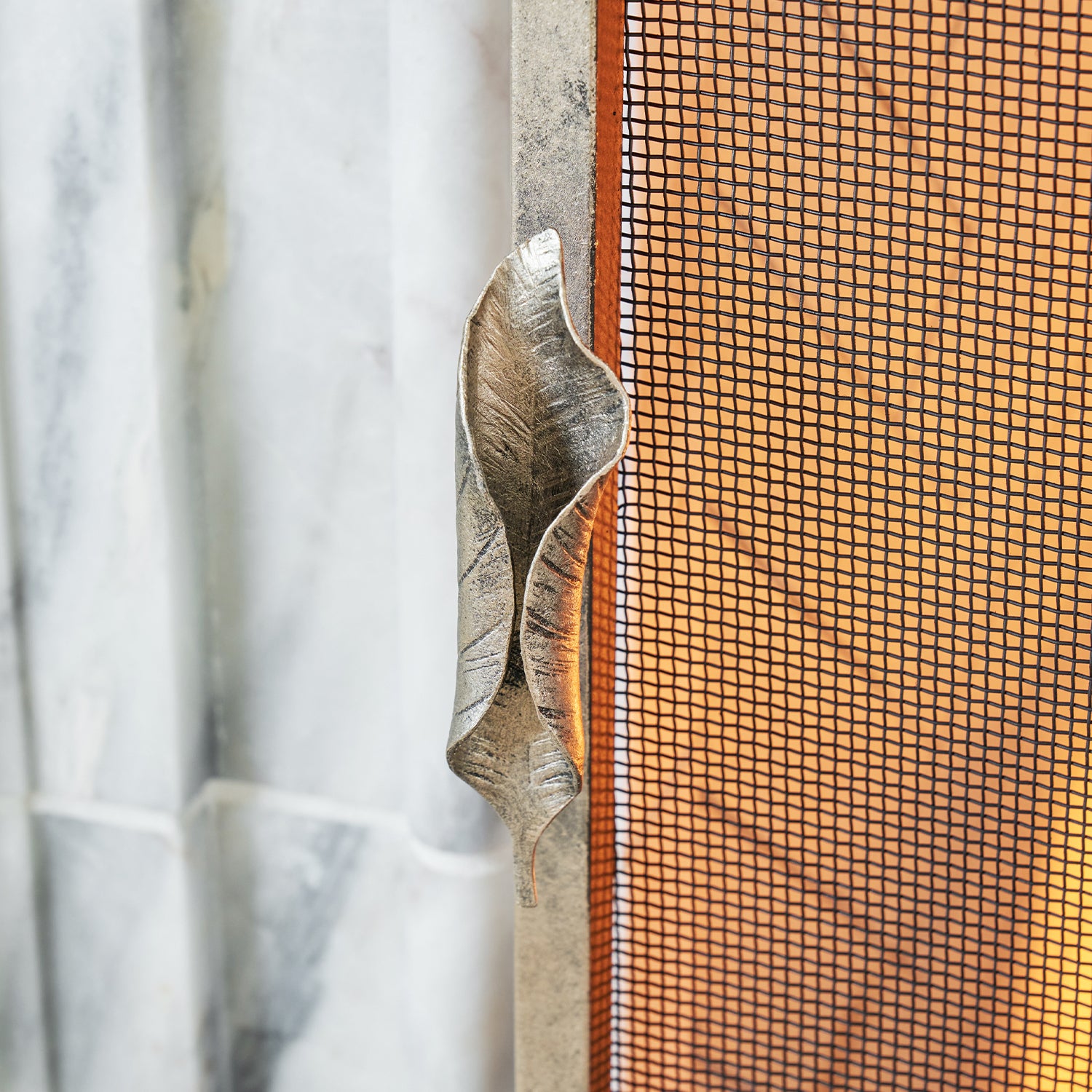Leaf Handles Fireplace Screen in Warm Silver