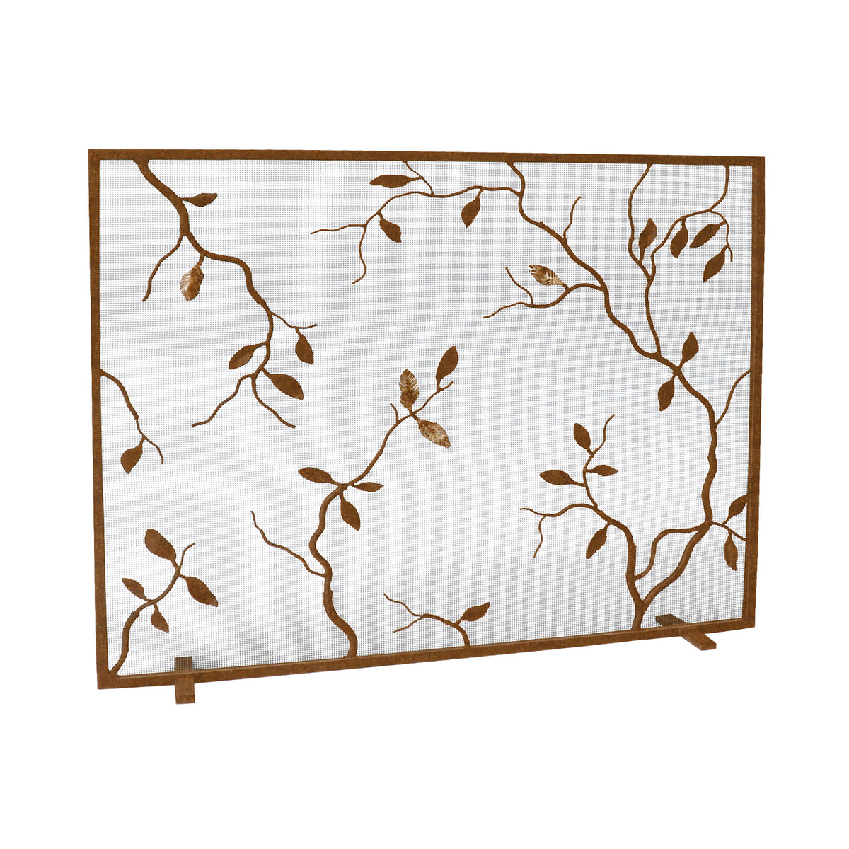 Custom fireplace screen featuring a metal vine and leaf design by Claire Crowe Collection, providing an elegant natural motif.
