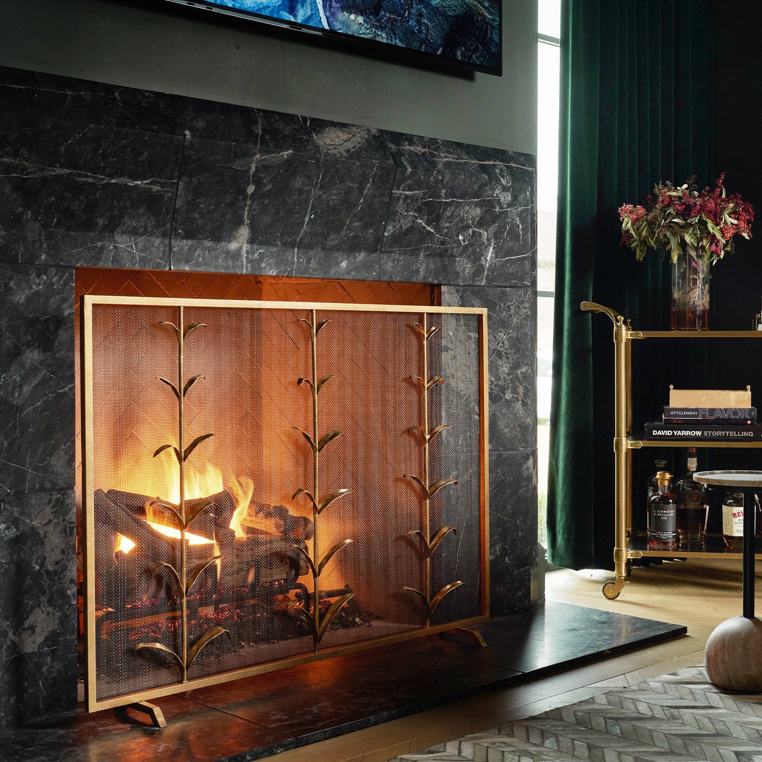 Lily Stems Fireplace Screen in Aged Gold