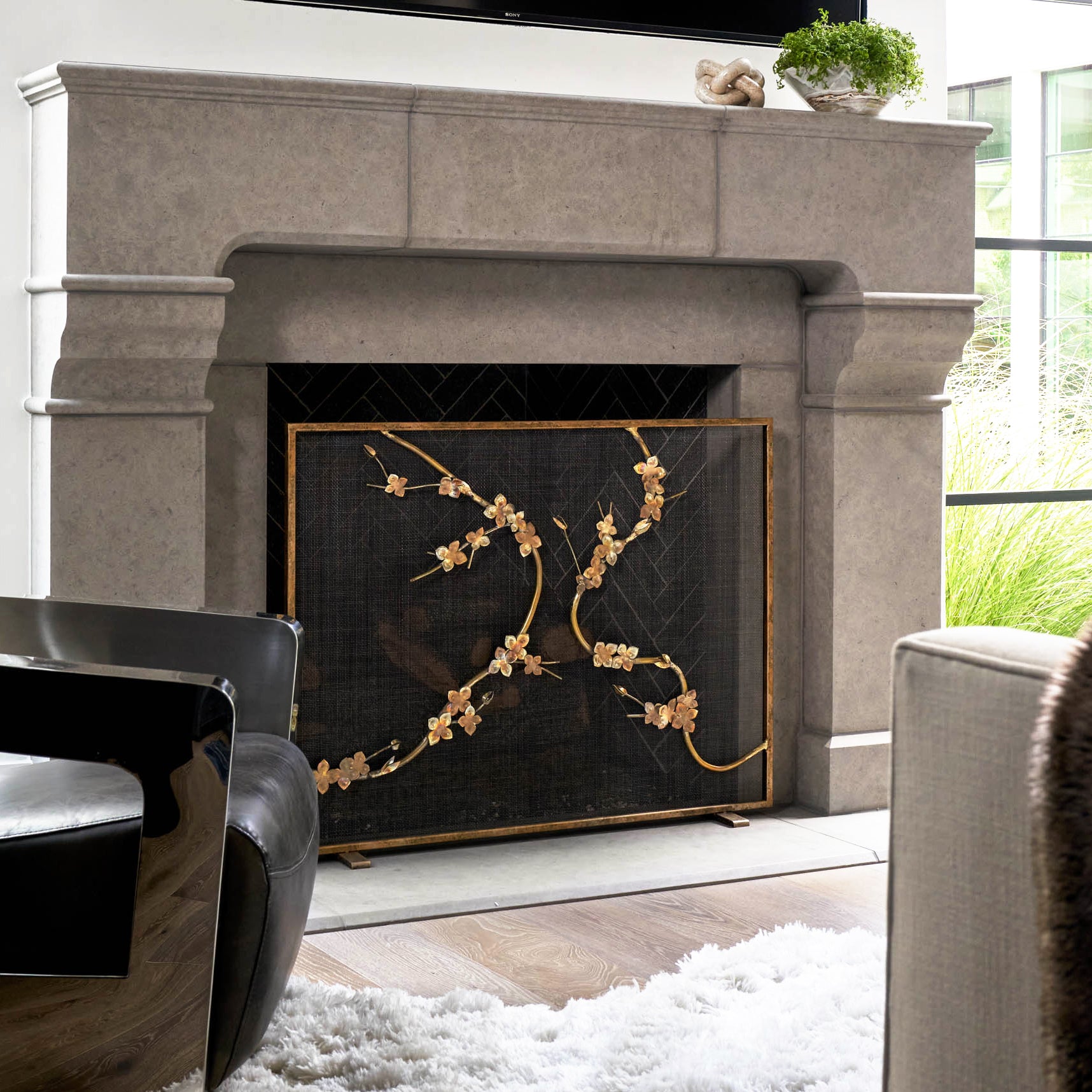 Sakura Fireplace Screen - Aged Gold Frame